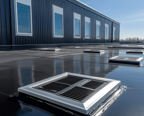 A close-up of flat roof air vents installed on a roof, showing how they facilitate airflow and moisture control.