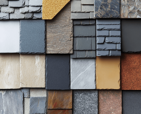 Different types of roof covering materials including asphalt, metal, and slate.