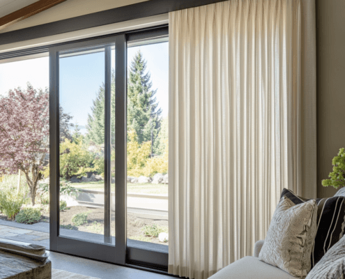 A sleek, modern patio door covering using sliding panels for a clean, minimalist design.