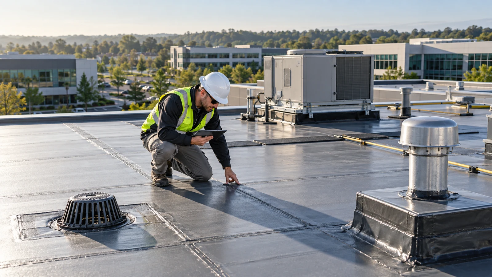 Commercial roof inspector documenting seams and rooftop conditions on a low-slope roof