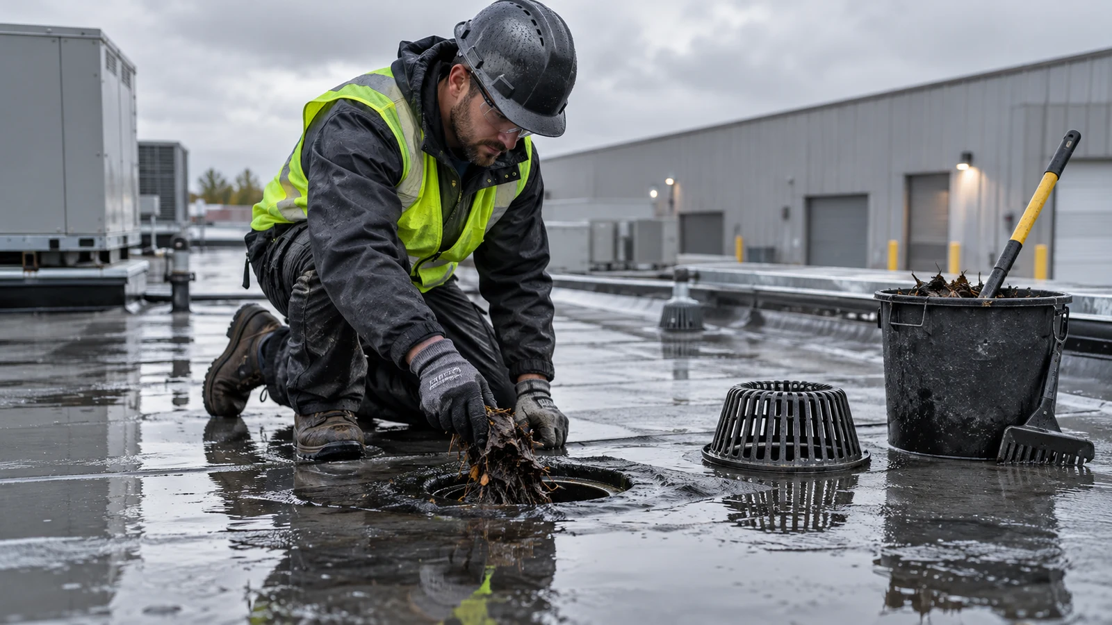 Commercial roof maintenance worker clearing a drain after rainfall on a low-slope roof