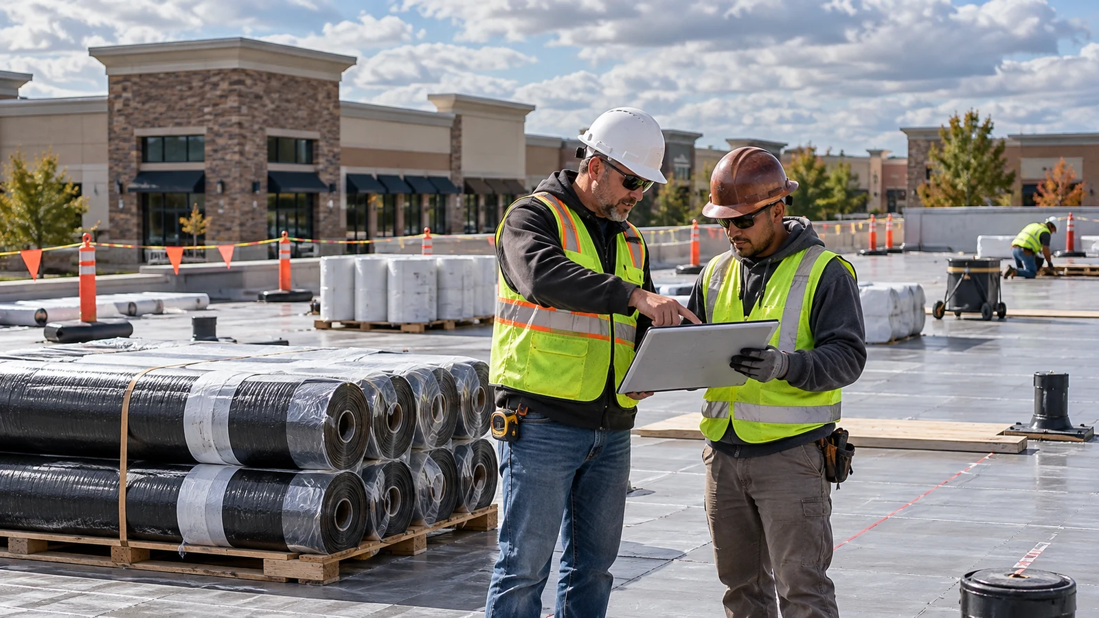 Illustrative commercial roof replacement planning with roofing materials and drawings