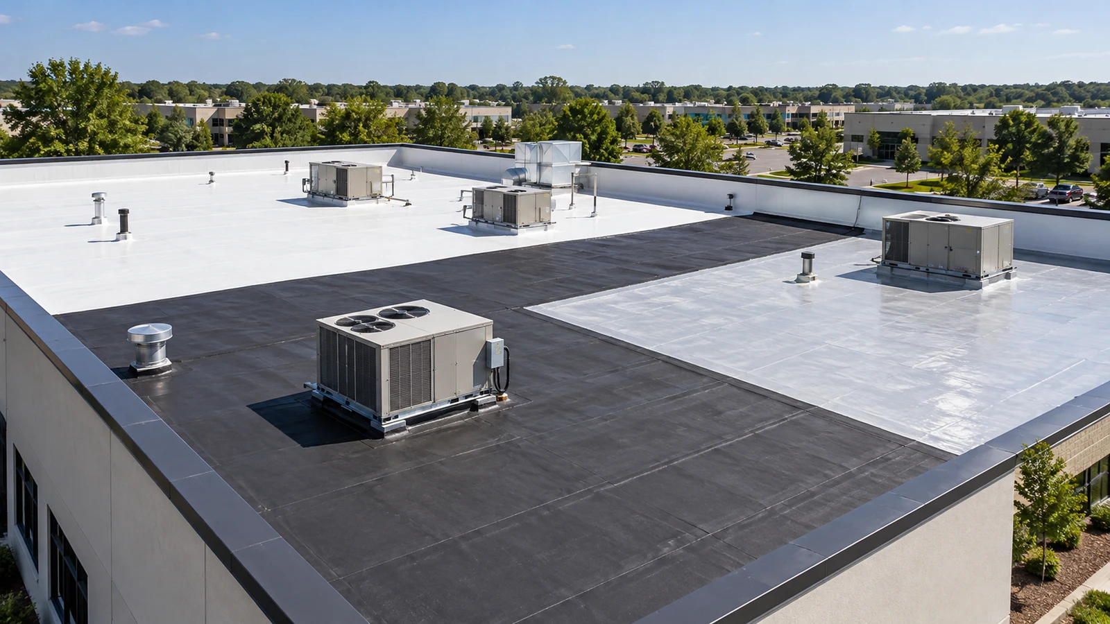Illustrative commercial flat roof with membrane finishes, parapets and rooftop mechanical equipment