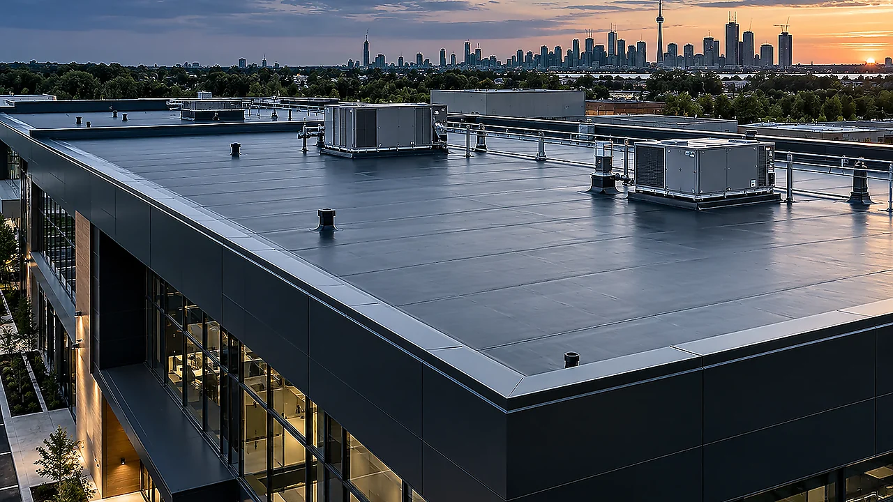 Ontario commercial roofing on a low-slope roof with the Toronto skyline