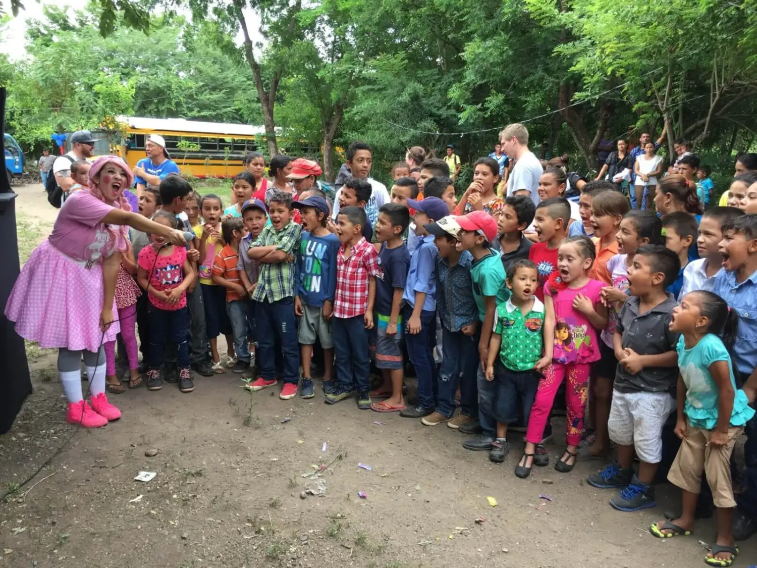 Children and volunteers gathering during a Nicaragua mission visit.