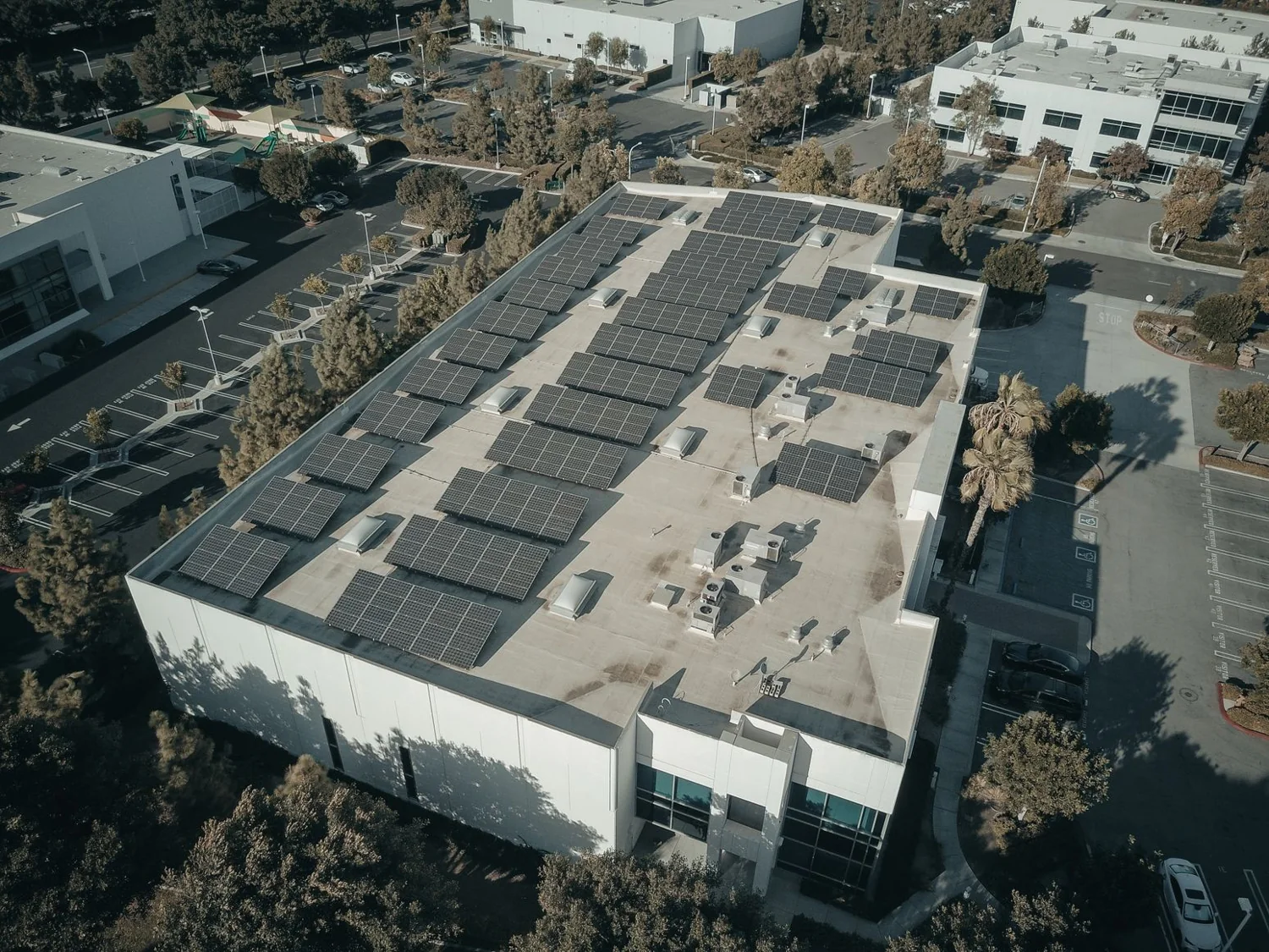 Representative commercial rooftop solar array viewed from above