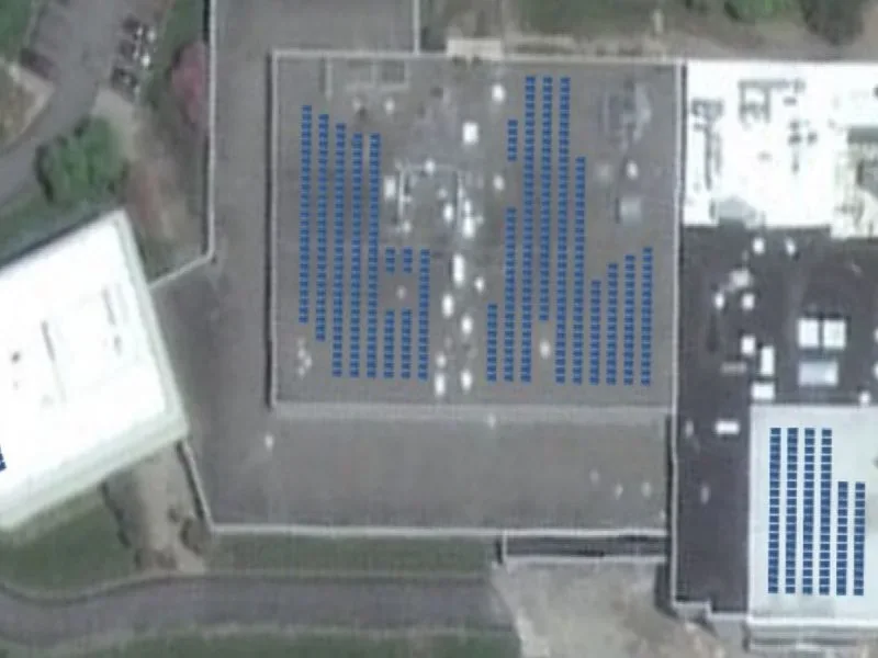 Aerial view of photovoltaic arrays distributed across a commercial flat roof