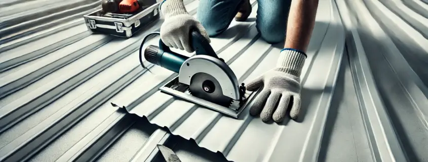 A roofing worker using a circular saw to cut a PVC roof sheet on a stable surface, demonstrating safety measures and precision.