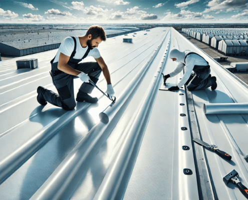 Roofing technician installing a PVC roofing membrane on a flat commercial roof, emphasizing the reflective and durable qualities of PVC