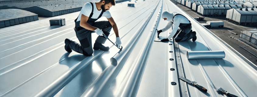 Roofing technician installing a PVC roofing membrane on a flat commercial roof, emphasizing the reflective and durable qualities of PVC