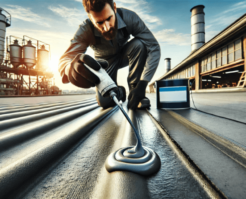 Roofing contractor applying waterproofing sealant to a flat roof on a commercial building.