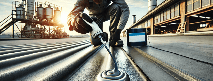 Roofing contractor applying waterproofing sealant to a flat roof on a commercial building.