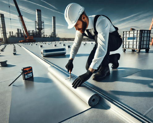 Professional roofing technician installing a TPO membrane on a flat commercial roof, emphasizing its weather-resistant and energy-efficient qualities.