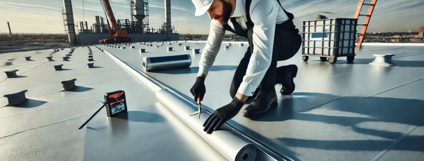 Professional roofing technician installing a TPO membrane on a flat commercial roof, emphasizing its weather-resistant and energy-efficient qualities.