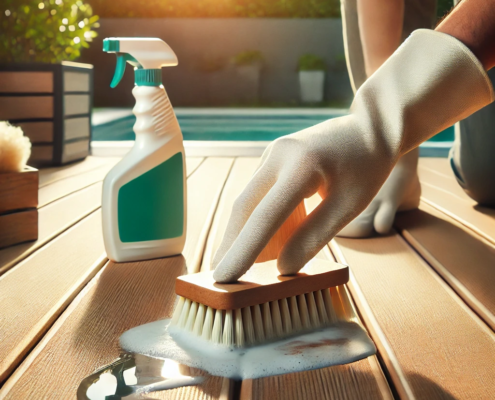 Person cleaning DeckRite vinyl decking with mild soap and water using a soft-bristle brush.