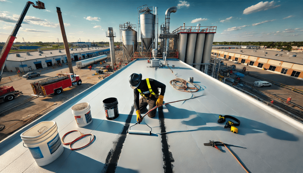 Roof technician applying a protective coating on a commercial roof during restoration in Ontario, Canada.