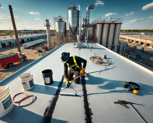 Roof technician applying a protective coating on a commercial roof during restoration in Ontario, Canada.