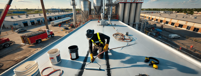 Roof technician applying a protective coating on a commercial roof during restoration in Ontario, Canada.