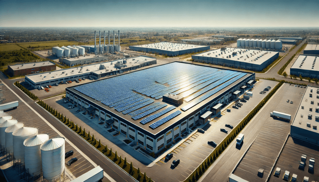 Solar panels installed on a commercial flat roof in Ontario, Canada, showing a professional setup in an industrial area.