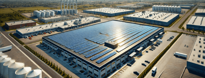 Solar panels installed on a commercial flat roof in Ontario, Canada, showing a professional setup in an industrial area.