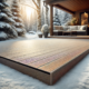 DeckRite vinyl deck in a snowy backyard, emphasizing slip-resistant and weatherproof features.