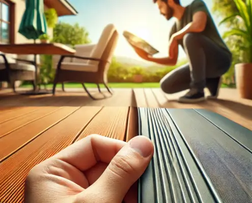 A person inspecting the durability of DeckRite vinyl decking compared to aluminum decking.