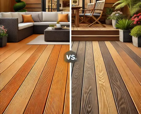 A side-by-side comparison of DeckRite vinyl decking and cedar decking.