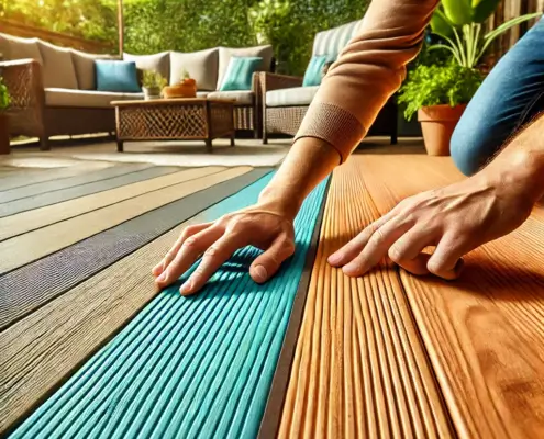 A person inspecting the durability of DeckRite vinyl decking compared to cedar decking.