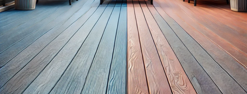 Side-by-side view of DeckRite vinyl decking and composite decking in a backyard setting, highlighting differences in texture and appearance.