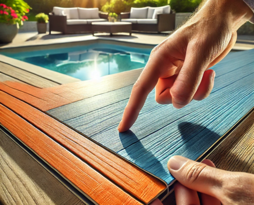 A person examining the durability of DeckRite vinyl decking compared to composite decking in a sunny outdoor setting.