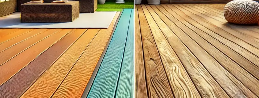 A side-by-side comparison of DeckRite vinyl decking and pressure-treated wood decking.