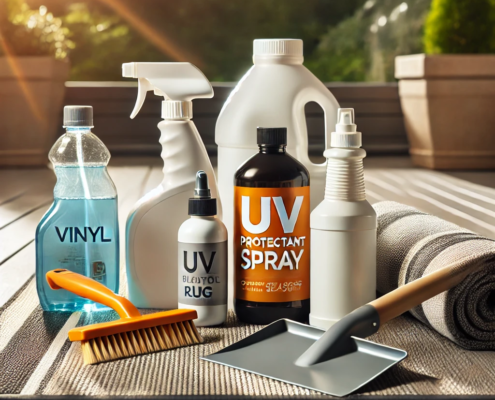 Tools for maintaining a vinyl deck, including a UV protectant spray, outdoor rug, and plastic shovel.