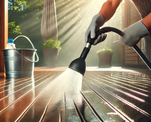 Person cleaning a vinyl deck using a garden hose with a spray nozzle, under shaded sunlight.