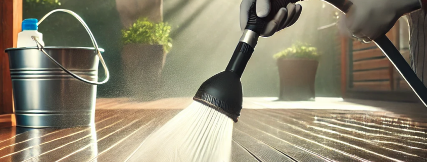 Person cleaning a vinyl deck using a garden hose with a spray nozzle, under shaded sunlight.