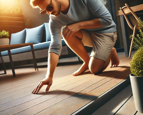 Person inspecting a DeckRite vinyl deck in a modern backyard, focusing on its smooth surface and durability.