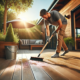 Homeowner cleaning and inspecting a DeckRite vinyl deck to ensure durability.