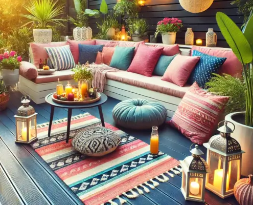 Outdoor accessories like lanterns, rugs, and cushions for decorating DeckRite vinyl decks.