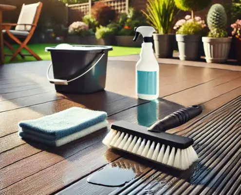 Person polishing a freshly cleaned vinyl deck with a microfiber cloth, surrounded by outdoor furniture and greenery.