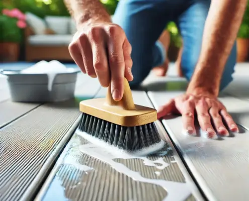 Scrubbing a grease stain on a DeckRite vinyl deck with a soft brush.