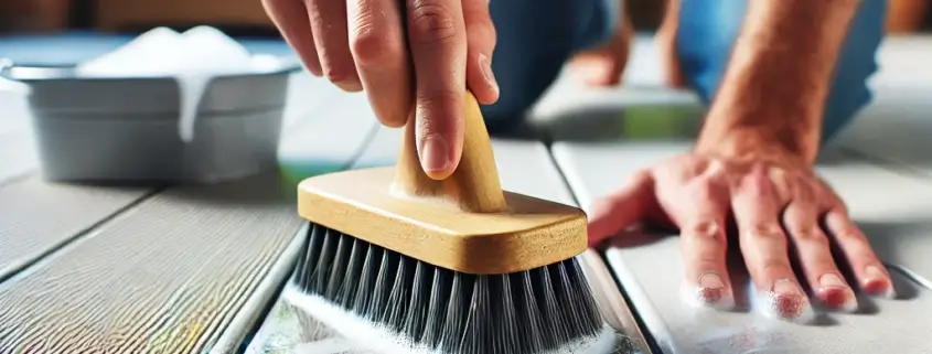 Scrubbing a grease stain on a DeckRite vinyl deck with a soft brush.