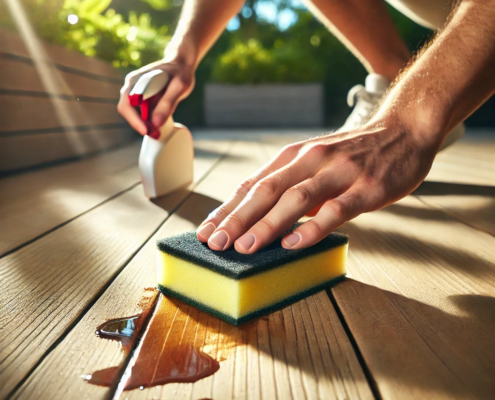 Person carefully cleaning a DeckRite vinyl deck with a sponge and cleaning solution.