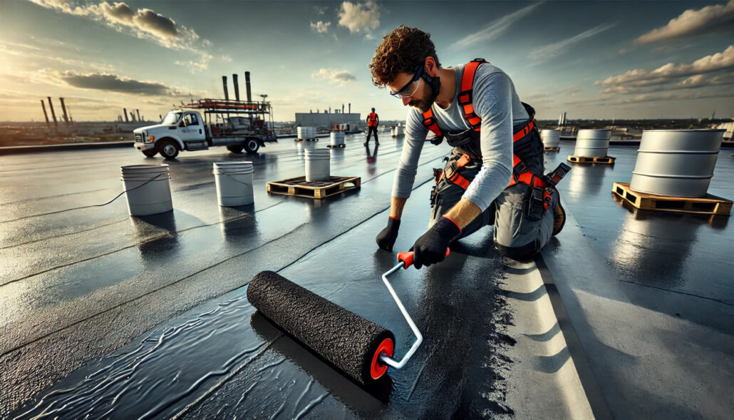 Roofing technician applying waterproof coating on a commercial flat roof in Ontario, Canada, using professional tools and safety gear.