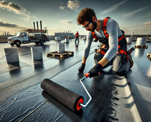 Roofing technician applying waterproof coating on a commercial flat roof in Ontario, Canada, using professional tools and safety gear.