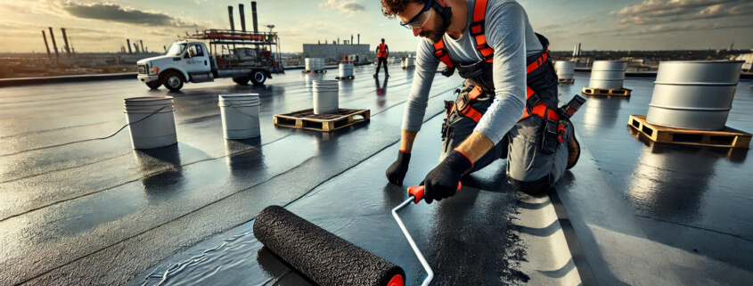 Roofing technician applying waterproof coating on a commercial flat roof in Ontario, Canada, using professional tools and safety gear.