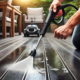 Person using a pressure washer with a wide nozzle on a vinyl deck, ensuring low-pressure settings for safe cleaning.