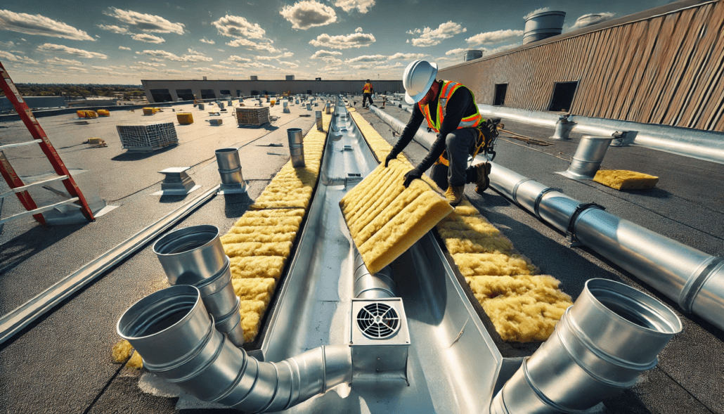 Roofing technician installing insulation material on a commercial roof in Ontario, Canada, with visible drainage systems such as scuppers and gutters.