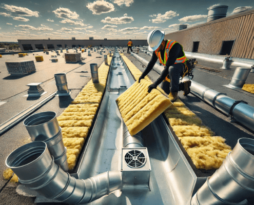 Roofing technician installing insulation material on a commercial roof in Ontario, Canada, with visible drainage systems such as scuppers and gutters.