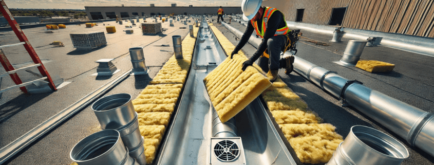 Roofing technician installing insulation material on a commercial roof in Ontario, Canada, with visible drainage systems such as scuppers and gutters.