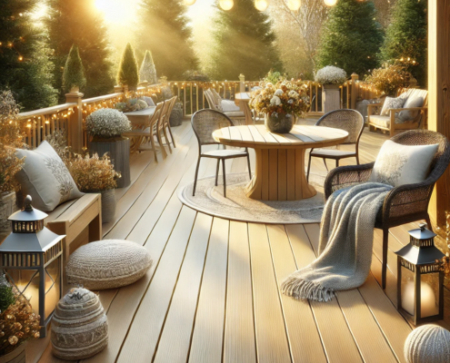 A glossy vinyl deck surrounded by outdoor furniture and seasonal decor under soft sunlight.