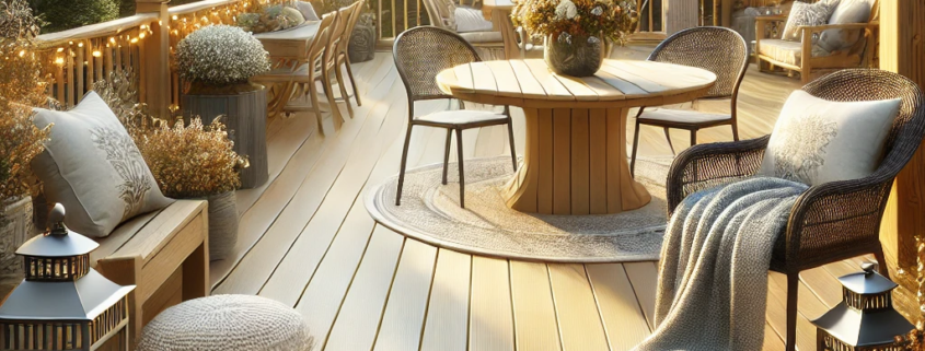 A glossy vinyl deck surrounded by outdoor furniture and seasonal decor under soft sunlight.